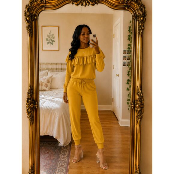 Missi Pants - Mustard Yellow Ruffle Jogger Set Women Size L Matching Lounge Boho Chic